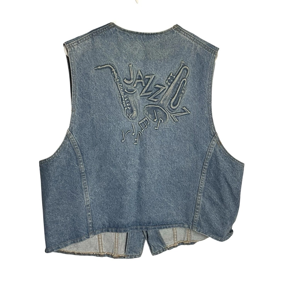 Vintage Mens Denim Trucker Vest Size XL Blue Jazz Music Snap Up Biker Rocker USA